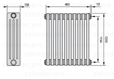 Схема (чертеж) Радиатор Zehnder Charleston 4120/10 №7610 Белый глянцевый RAL 9016